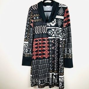 BOHO Geometric Print Cowl Neck Knit Dress XL